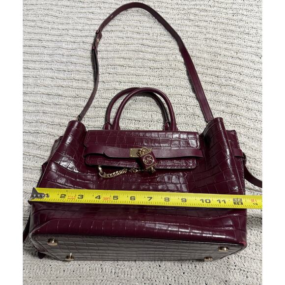 Michael Kors Hamilton Legacy Crocodile Embossed Leather Belted Satchel Burgundy - Picture 6 of 16